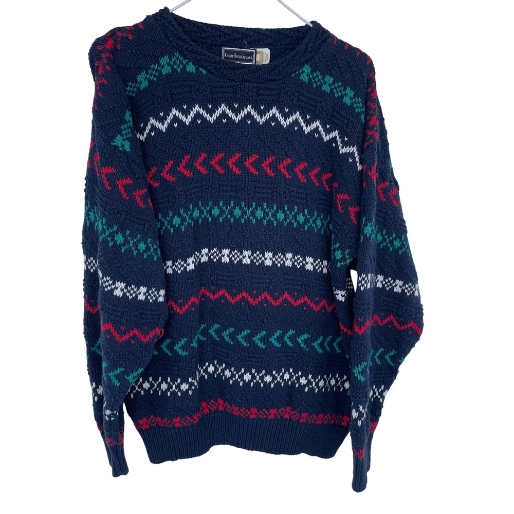 Vintage 90s Court House Square Striped Chunky Knit Crewneck Sweater Large Navy‎